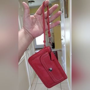 COACH Hamilton Pebble Leather Large Flap Wristlet Geranium Coral Orange F42126